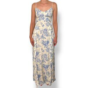 Chaser Maxi Dress Blue Cream Toile Ruffle Lace Up Back Sz XS Victorian Garden